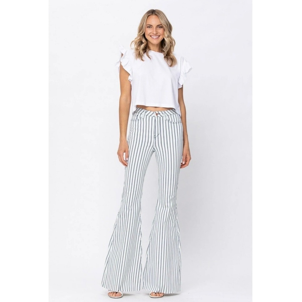 Judy Blue Super Flare Jeans Pin Striped White Navy Western‎ Boho Raw Hem 13/31